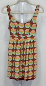 Judith March Brown Geometric Crescent Print Linen Blend Cutout Tie Back Dress S Photo 0