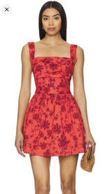 Free People Meet Me In Maui Red Printed Dress Size Medium Pinafore Bow Photo 0