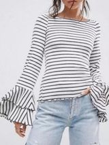 We The Free Free People Good Find Striped Bell Sleeve Ribbed Top grey‎ white size XS Photo 0