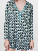 Zara Knit Jacquard‎ Dress Long Sleeve Geometric Print Mini Teal Brown Size Small Photo 0