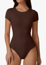 QINSEN‎ Women's Small Crew Neck Short Sleeve Bodysuit Double Lined Shirt Brown Photo 0