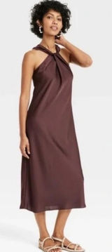 A New Day Brown Satin Twist Halter Midi Dress Womens Sleeveless Cocktail‎ Brown Photo 0