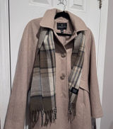 London Fog Beige Oatmeal Heather Wool Blend Peacoat w Plaid Scarf Size L NWT Photo 0