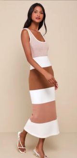 Lulus Easily Gorgeous Ivory and Brown Striped Midi Sweater Dress Photo 0