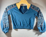991 | Free‎ People Embroidered Balloon Sleeve Crop Sweatshirt Teal Blue Womens S Photo 0