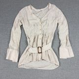 Free People Tunic Blouse Womens M White V-Neck Long Sleeve Belted Herringbone Photo 0