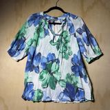 By Design Floral Blouse Women’s Medium Blue Green Tie Neck Short Sleeve Top‎ Photo 0