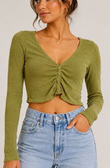 Me To We Olive Green Ruched Crop Top XS Long Sleeve Boho Y2K Photo 0