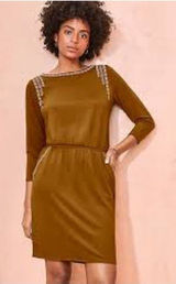 Garnet Hill Knit Dress Womens Small Brown Embroidered Elastic Waist Photo 0