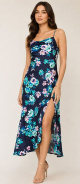 ASTR The Label Midnight Navy Satin Floral Midi Dress‎ S Autumn Wedding Guest NWT Photo 0