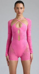 Oh Polly Unitard Romper Womens M/L Pink Rhinestone Cut Out Rave Festival Photo 0