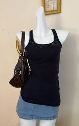 Hollister y2k Lace Trim Tank Top Size S Black Ribbed Racerback Photo 0
