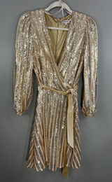 Nanette Lepore Sequin Wrap Dress Women Size 8 Gold Great Long Sleeve Velvet Belt Photo 0