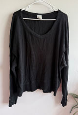 OFFLINE by Aerie Black Waffle Knit V-Neck Oversized Thermal Top L Photo 0