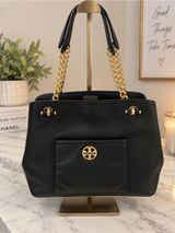 Tory Burch Black Pebbled Leather Chain Handle Tote Bag Photo 0