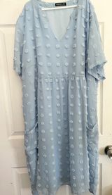 Miholl Dress XXL Women’s Light Blue Pom Pom Swiss Dot Flowy Pockets Empire Waist Photo 0