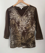 Dress Barn Y2K Medium Brown Henley Top Paisley Goblin Fairy Forest Renaissance Bedazzle Photo 0