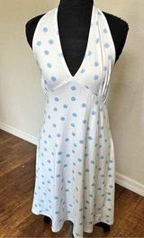Y2K White Backless Halter Dress with Blue Flowers XL Photo 0