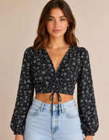 Elodie Womens M Floral Crop Top Black White Daisy Long Sleeve Rayon Cottagecore Photo 0