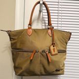 Dooney & Bourke Nylon Satchel Bag Khaki Tan Leather Trim Pockets Hot Pink Photo 0