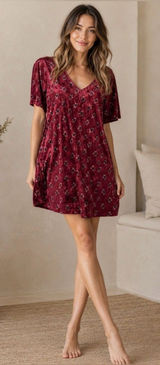 Natural Life Velvet Mini Dress Small Burgundy Floral Oversized Pocket Tunic Photo 0