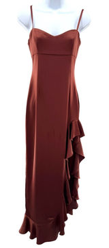 Nookie Sasha Gown Mocha Leg Slit Ruffle Satin Maxi‎ Dress Size XS Formal Glam Photo 0