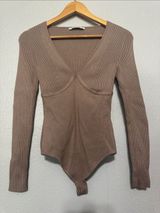 Abercrombie & Fitch Taupe Mauve Mixed Knit Ribbed Long Sleeve Bodysuit Small Photo 0