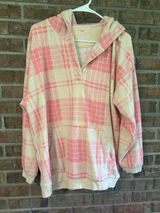Aerie Snowed In Pink and Cream Plaid Fleece Hoodie Photo 0