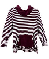 Denim‎ & Co Burgundy Cream Striped Cowl Hooded Knit Velour Pullover Top Medium Photo 0