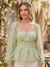 A.CALIN Flying Tomato Sage Green Texture Peplum Top‎ Balloon Sleeve Cottage Core Photo 0