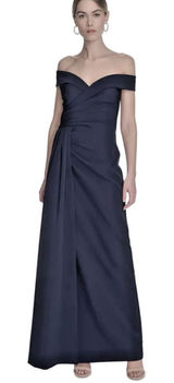 Eliza J Pleated Off Shoulder Gown Dress Size 4 $218 Navy Blue Crepe Photo 0
