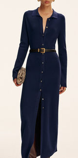 COMMENSE NWT Long Sleeve Button Knit Maxi Dress Navy Gold Buttons Photo 0