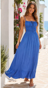 Blue Maxi Dress Womens XS Open Back Smocked Tie Ruffle Hem Boho Vacation Resort Photo 0