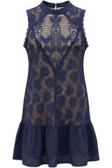 Skies Are Blue Lace Mini Dress Womens XS Navy Blue Ruffle Mock Neck Open Back Photo 0