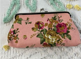 Home-X Pink Floral Canvas Kiss Lock Frame Coin Purse Clutch Bag Rose‎ Print Photo 0
