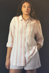 GAP‎ Linen Blend Button Down Shirt Women M Pink Tan Stripe Quiet Luxury Costal Photo 0