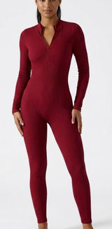 Ribbed Long-Sleeve One-Piece Jumpsuit in Burgundy Photo 0