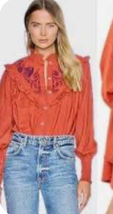 Free People Rose Vines Top Women Small Rust Orange Embroidered Ruffle Smocked Photo 0