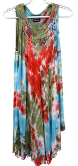 Blue Hue Tie Dye Midi Dress w/ Embroidered Neckline One Size Photo 0