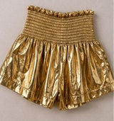 Queen‎ of Sparkles Gold Metallic Smocked High Waist Flared Shorts Womens XS Photo 0