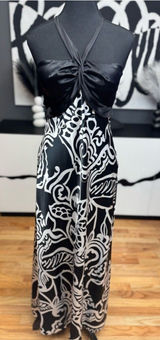 Betsy & Adam Black White Floral Halter Maxi Dress Women's Size 14 EUC Formal Photo 0