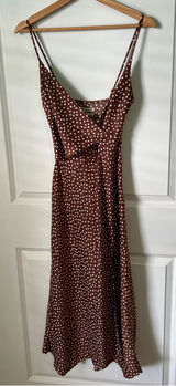 Urban Outfitters Polka Dot Brown Silk Midi Dress Size XS Wedding Guest Photo 0