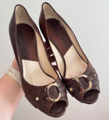 Christian‎ Dior Vintage Y2K Brown Leather CD Logo Buckle Peep Toe Pumps 37.5 Photo 0