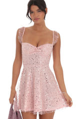 Lucy in the Sky Pink Sparkly Mini Dress Sequin Ruffle Strap Tie Back Homecoming Dress Photo 0