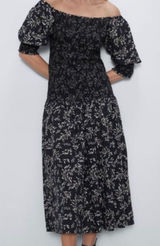 Zara Penny Ruched Black Floral Linen Blend Boho Puff Midi Dress Size Small Photo 0