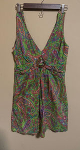 100% Cotton Paisley Mini Dress Green Boho V-Neck Wooden Ring Womens M western‎ Photo 0