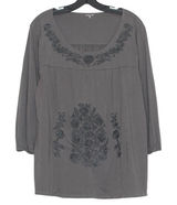 Garnet Hill Top 3/4 Sleeve Embroidered Minimalist Boho Ethereal Floral Gray XL Photo 0