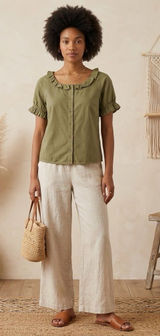 Bohme Linen Blend Ruffle Neckline Short Sleeve Button Down Top Sage Green Large Photo 0