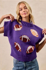 ✨NWT‎ BiBi Gameday Sequin Football Patches Rib Banded Sweater Photo 0
