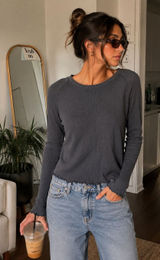 We The Free Charcoal Ribbed Long Sleeve Crewneck Top Photo 0